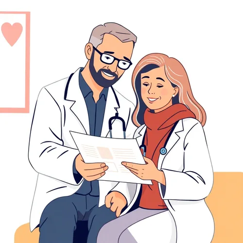 Editorial illustration of a doctor and patient reviewing a chart together, warm and educational tone.